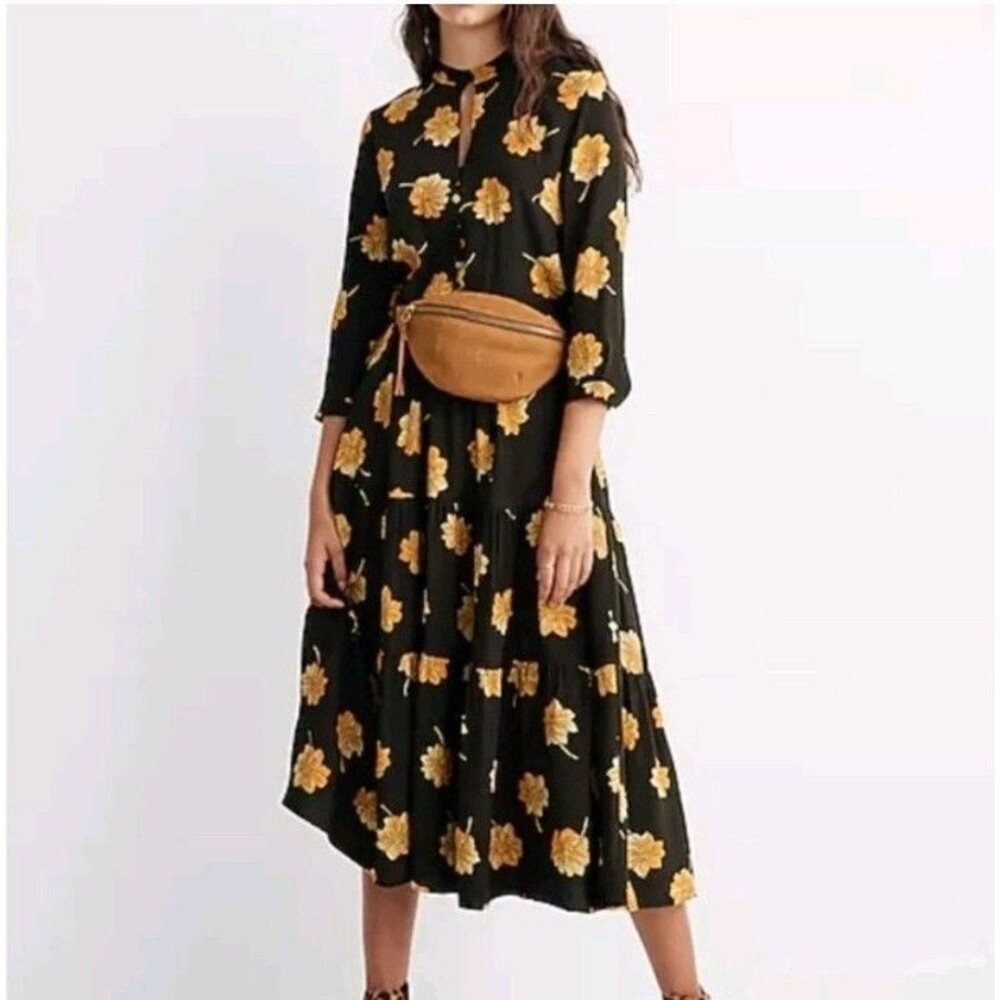 Madewell Black Yellow Floral Button Ruffle 3/4 Sleeve A-Line Dress Size L